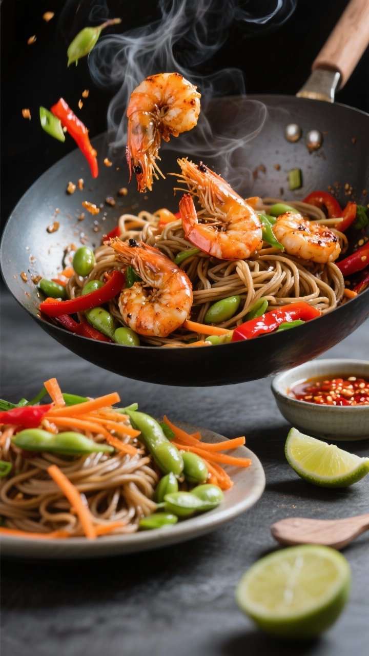 Dynamic wok-side process shot, 45-degree angle: chili-garlic shrimp just tossed, slightly charred edges and glossy sauce; nest of soba noodles intertwined with shelled edamame, shredded carrots, thin red bell pepper strips, and sliced green onions; a small bowl of chili garlic sauce and lime wedges nearby; motion captured mid-toss, with steam and high-contrast lighting for a fast, fresh weeknight feel.