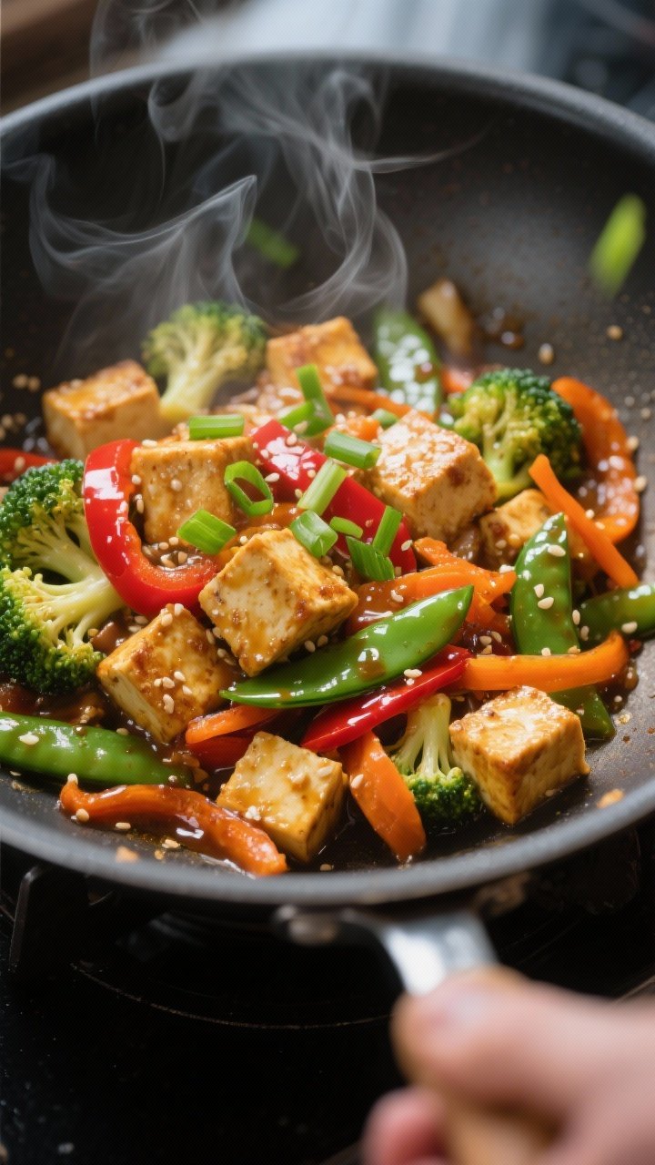 Dynamic wok-side process shot of Spicy Tofu Veggie Stir-Fry with Sesame-Ginger Sauce: golden-crisp tofu cubes lightly coated in cornstarch sizzling alongside broccoli florets, red bell pepper strips, snap peas, and carrot ribbons; steam rising, glossy sesame-ginger sauce clinging to the vegetables; sliced green onions scattered on top; captured from a 45-degree angle with motion, vibrant colors popping against a dark nonstick skillet.