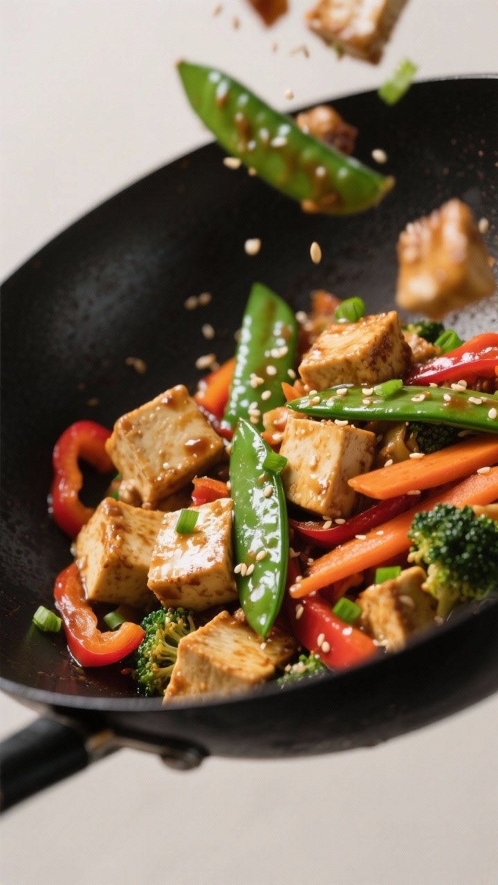 Dynamic wok stir-fry shot of Miso-Ginger Tofu Power Stir-Fry at a 45-degree angle: extra-firm tofu cubes lightly crisped in cornstarch, tossed with snap peas, bell pepper strips, carrot matchsticks, and baby broccoli, glossed with a miso-ginger sauce. Sliced green onions sprinkled on top, sesame seeds optional. High-heat sheen, motion freeze of a toss, black carbon-steel wok against a neutral background.
