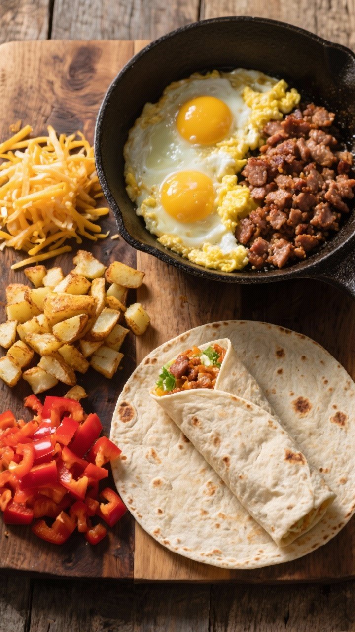 Ingredient-and-assembly flat lay: breakfast burrito mise en place on a rustic wooden board—warmed flour tortillas, a skillet of soft-scrambled eggs, crisped breakfast sausage crumbles, shredded cheddar, golden diced potatoes/hash browns, and diced red bell pepper; one burrito mid-roll with filling visible; a preheated skillet in frame to imply crisping; warm tones, morning light, sharp detail.