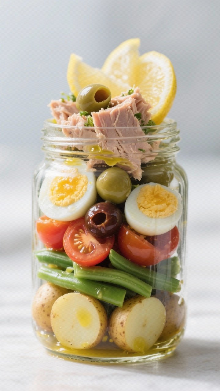 Ingredient-assembly jar shot at 45 degrees: Tuna Niçoise power jars layered neatly—lemon-Dijon vinaigrette at the bottom, halved baby potatoes, blanched green beans, cherry tomato halves, Niçoise olives, jammy halved eggs, and flaky tuna in olive oil on top, with thin lemon slices along the glass. Clean backdrop, cool daylight, tight composition to show layers through the glass.