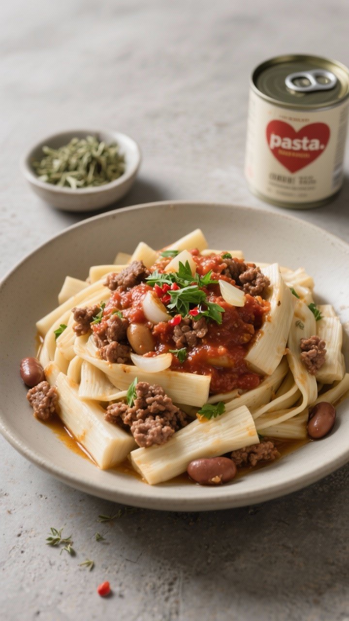 Ingredient-forward 45-degree bowl shot: Beef and bean marinara over hearts of palm “pasta.” Long, pale hearts of palm noodles piled high, topped with a hearty marinara made from 90% lean ground beef, onion, garlic, dried oregano, and tender beans folded in, finished with a gloss of olive oil. Garnish with chopped parsley and a pinch of red pepper flakes. Set in a neutral bowl on a concrete surface with a can of hearts of palm (label turned away) and a small dish of oregano in background. Rich, inviting tones.