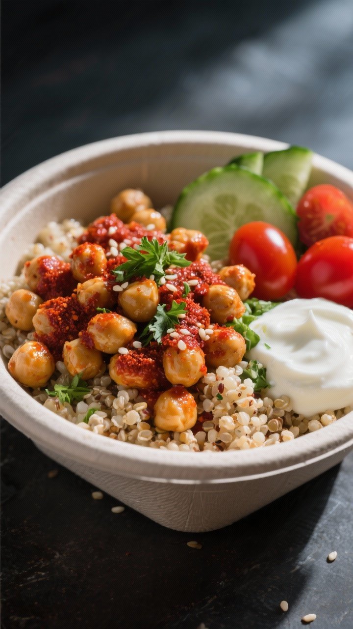 Ingredient-forward bowl shot, straight-on: Harissa chickpea and quinoa power boxes. Fluffy quinoa (cooked in water or broth) piled with roasted chickpeas tossed in olive oil, harissa paste, and smoked paprika, showing a deep red sheen. Add cucumber slices and cherry tomatoes for color pop (optional visual), dollop of plain yogurt or tahini on the side if desired. Sprinkle parsley and sesame. Modern meal-prep container, moody backdrop with directional side light for contrast.