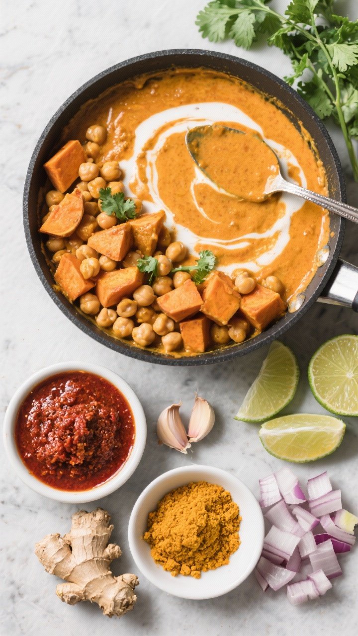 Ingredient-forward flat lay for coconut curry chickpeas with sweet potatoes: diced sweet potatoes, drained chickpeas, small bowl of red curry paste, ground turmeric, grated fresh ginger, minced garlic, and diced onion arranged neatly around a skillet with simmering coconut milk turning a rich orange; a spoon trail showing creamy texture, fresh cilantro and lime off to the side.