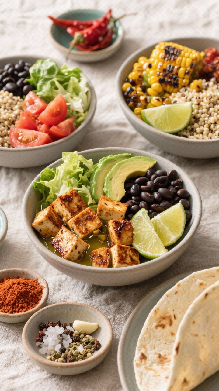 Ingredient-forward overhead flat lay for smoky tofu and quinoa burrito bowls: pressed, cubed extra-firm tofu tossed with olive oil, smoked paprika, chili powder, cumin, garlic powder, kosher salt, and black pepper—some cubes seared to a crisp edge; fluffy quinoa in a bowl, charred corn, black beans, diced tomatoes, sliced avocado, shredded lettuce, and lime wedges arranged in small dishes; vibrant, Southwest color palette, matte ceramics on a neutral linen, bright and clean styling.