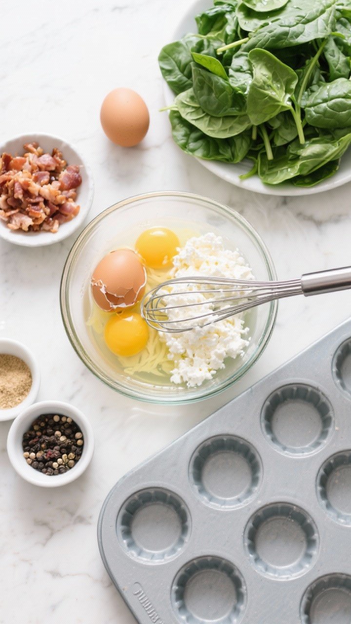 Ingredient-prep flat lay for creamy cottage cheese egg bites: cracked eggs in a glass bowl with visible low-fat cottage cheese and shredded reduced-fat mozzarella, chopped fresh spinach piled nearby, cooked crumbled turkey bacon in a small dish, onion powder and black pepper in pinch bowls; greased silicone muffin tray ready to fill, a whisk resting across the bowl; clean, bright kitchen light on a white quartz surface.