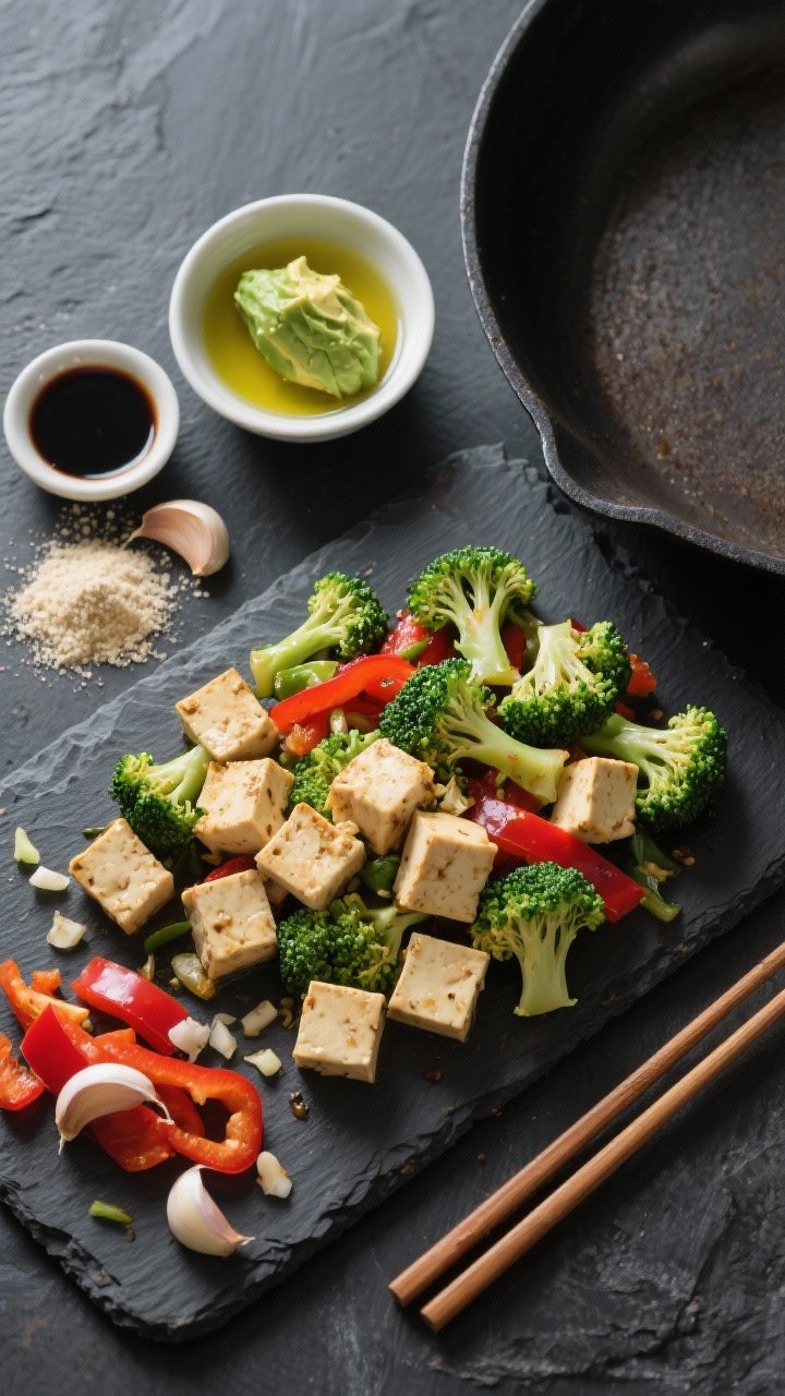 Ingredient prep flat lay for garlicky tofu and broccoli stir-fry on a dark slate: cubes of pressed extra-firm tofu, bright broccoli florets, optional red bell pepper slices, minced garlic, a small bowl of avocado/canola oil, low-sodium soy sauce and a cornstarch dusting ready for crisping; chopsticks and a dry skillet off to the side; clean, minimalist composition.
