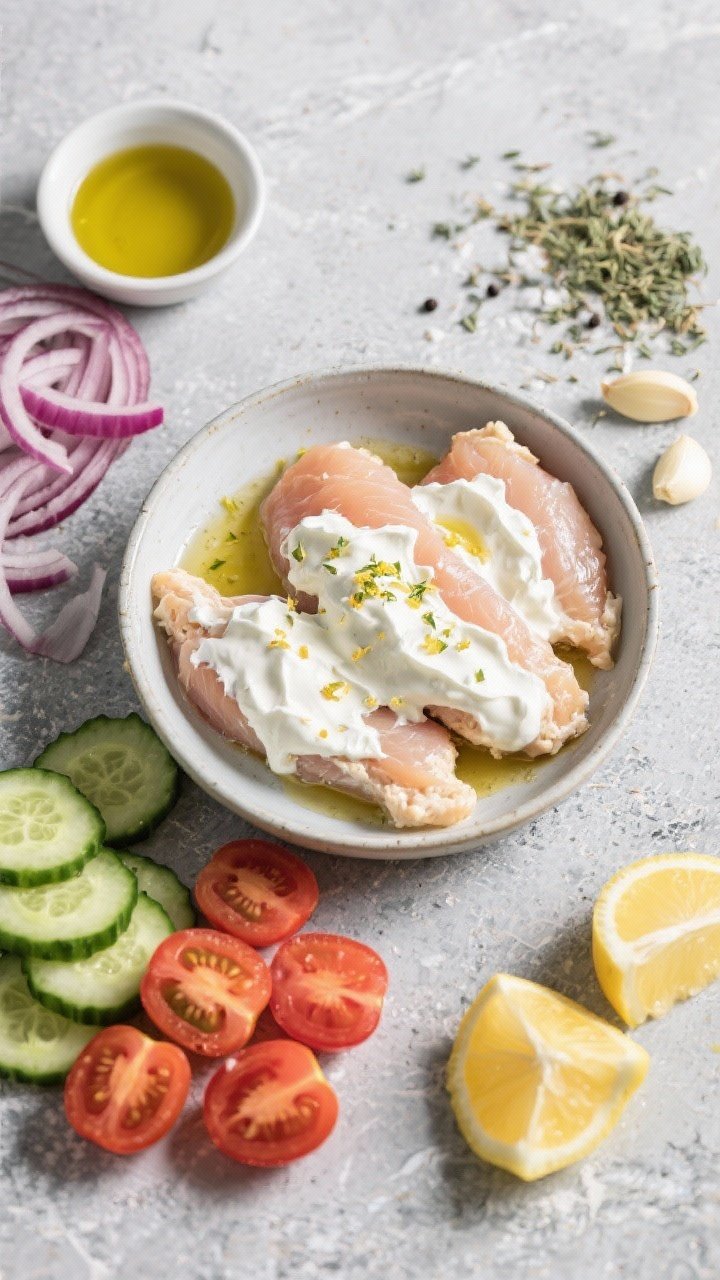 Ingredient prep flat lay for garlicky yogurt-marinated chicken tenders: raw chicken tenders coated in a creamy mixture of low-fat plain Greek yogurt, lemon juice, lemon zest, minced garlic, dried oregano, kosher salt, and black pepper in a shallow bowl; sliced cucumber, halved cherry tomatoes, and red onion ready for a crunchy side; olive oil drizzle and extra lemon wedges on a cool gray stone surface, bright and Mediterranean in mood
