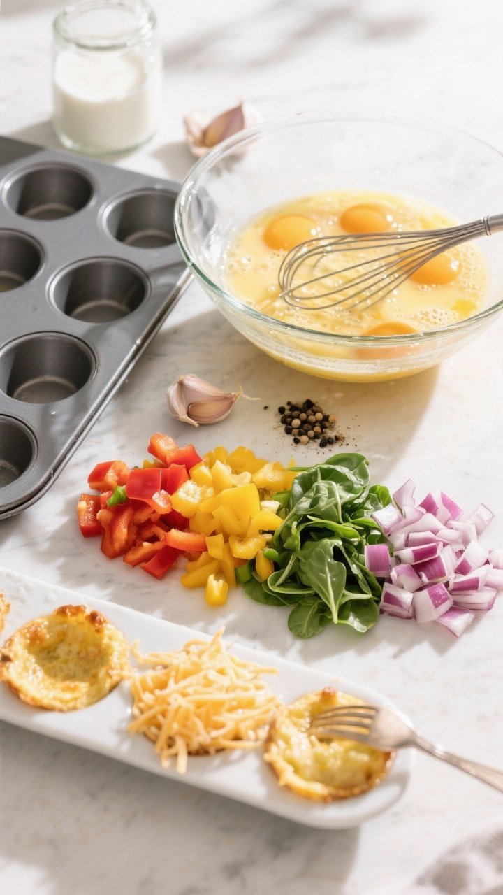 Ingredient-prep flat lay: whisked eggs in a glass bowl with milk, kosher salt, black pepper, and garlic powder beside a muffin tin; neat piles of diced mixed bell peppers (red, yellow, green), diced red onion, chopped baby spinach, and shredded cheese ready to spoon in; bright morning light, clean countertops, no hands, mise-en-place perfection.