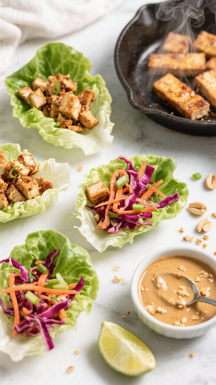 Ingredient-prep shot for Peanutty Tempeh Lettuce Cups With Crunchy Slaw: overhead layout showing butter lettuce leaves fanned out, crumbled tempeh sautéed to golden-brown, a vibrant slaw of shredded red cabbage, carrot, and thin-sliced scallions, and a glossy peanut sauce in a small bowl with a spoon; crushed peanuts and lime wedges scattered; small skillet with steaming tempeh at the edge to hint at warmth; bright, fresh, crunchy mood.