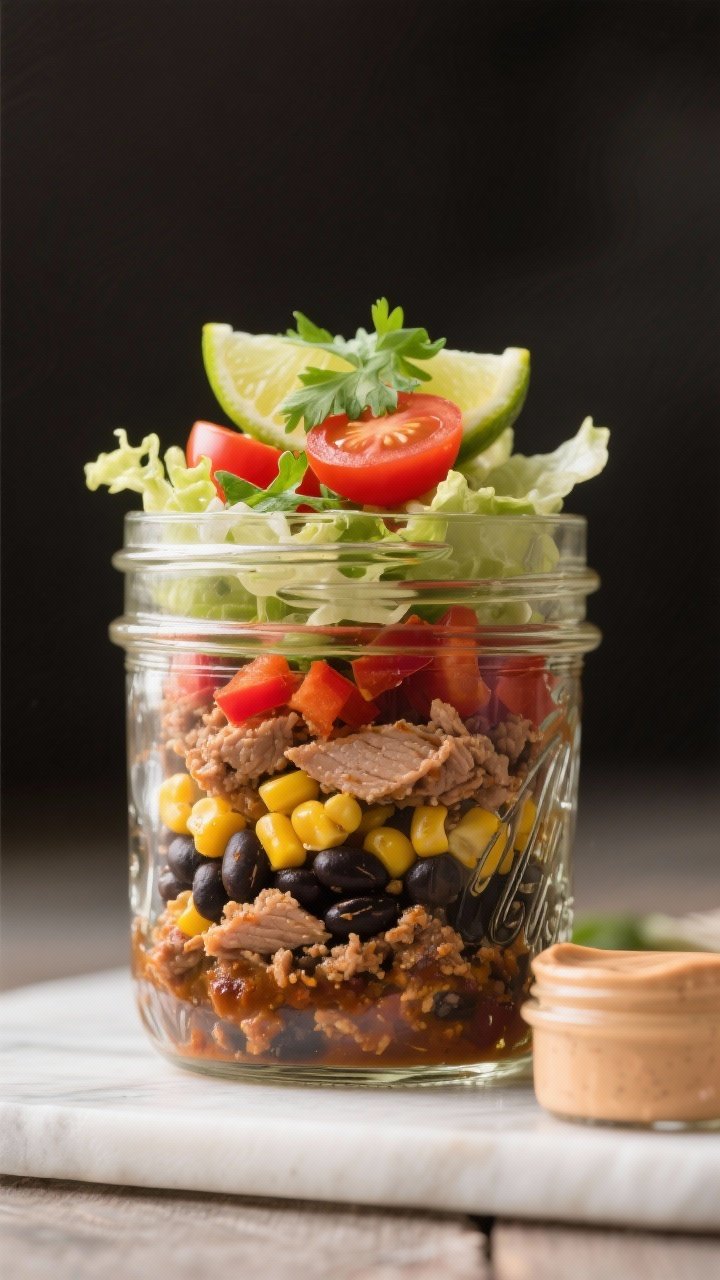 Ingredient-to-assembly jar shot, straight-on: Chipotle Black Bean and Turkey Taco Jars layered in clear mason jars—base of chipotle-seasoned cooked ground turkey, black beans, golden corn, diced red bell pepper, halved cherry tomatoes, shredded lettuce on top; lime wedge and micro cilantro garnish, a small jar of chipotle-lime crema beside; vivid layers emphasized with soft backlighting.