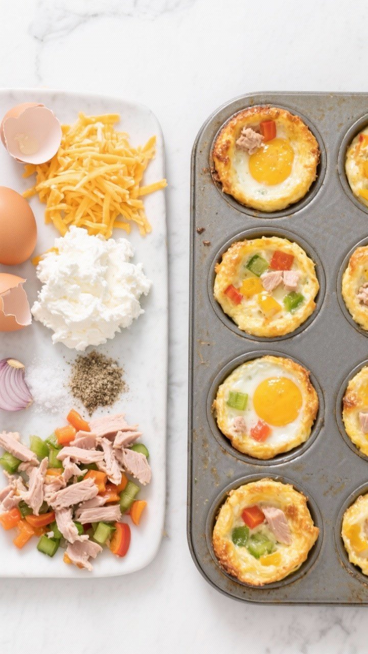 Ingredient-to-finish split scene for Cottage Cheese Egg Bites with Turkey and Veggies: on the left, overhead layout of cracked eggs, low-fat cottage cheese, shredded cheddar or mozzarella, garlic powder, onion powder, sea salt, black pepper, and chopped mixed veggies with diced turkey; on the right, golden baked egg bites in a muffin tin, puffed and speckled with colorful vegetables and turkey pieces; clean, bright kitchen light, no hands, crisp focus.