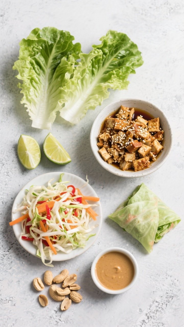 Ingredients and assembly flat lay for lettuce wraps: butter lettuce leaves fanned out; a bowl of crumbled tempeh sautéed with sesame oil, soy sauce or tamari, rice vinegar, and a touch of sriracha; a crunchy slaw of shredded cabbage and carrots; lime wedges; chopped peanuts; and a small dish of peanut-miso sauce. Overhead on a light concrete surface with neat, graphic spacing, emphasizing textures and freshness; vibrant, inviting, no hands.