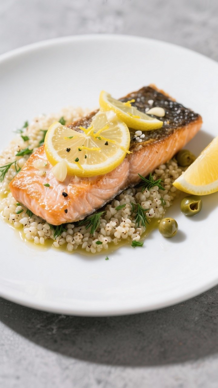 Minimalist 45-degree plated seafood scene: garlicky lemon salmon fillet, skin-on and crisp at the edges, topped with thin lemon slices and lemon zest, flecked with minced garlic, kosher salt, and black pepper; served over fluffy herbed quinoa (quinoa cooked and tossed with chopped parsley and dill), a light olive oil sheen; extra lemon wedge on the side, a few capers scattered for brightness; clean white plate on a slate surface with soft directional light to emphasize flaky salmon and quinoa texture.