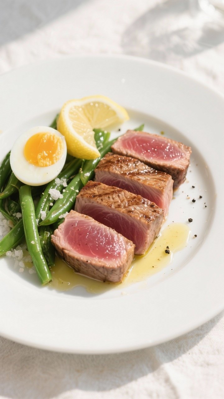 Minimalist overhead Nicoise-inspired plate: seared tuna steaks (1-inch thick) with ruby centers, arranged with jammy soft-boiled egg halves and crisp-tender green beans; a glossy olive oil drizzle, lemon wedges for squeezing, salt and black pepper sprinkled; clean white plate on pale linen, airy daylight for a fresh, unfussy look.
