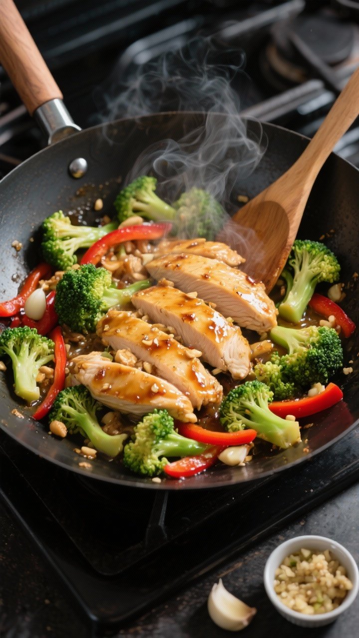 Overhead action shot of Ginger-Garlic Chicken & Broccoli in a sizzling carbon-steel wok: thinly sliced boneless skinless chicken breasts searing in glossy avocado/peanut oil with minced fresh ginger and smashed garlic, vibrant broccoli florets and thin red bell pepper strips just added for crisp-tender texture. Steam rising, caramelized bits clinging to the pan, light soy-brown glaze sheen. Styled on a matte black stovetop with a wooden spatula and small ramekins of minced ginger and garlic nearby. Bright, high-contrast lighting to emphasize green broccoli and red pepper against golden chicken.