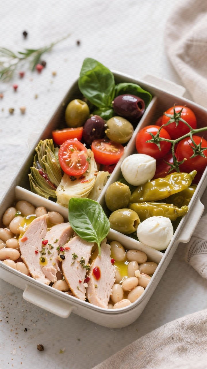 Overhead antipasto lunch box layout for Italian white bean and turkey: compartmental bento with cannellini beans tossed in olive oil, red wine vinegar, dried Italian seasoning, garlic powder, salt and pepper; sliced turkey, cherry tomatoes, olives, marinated artichoke hearts, pepperoncini, and small mozzarella balls; a few basil leaves and cracked pepper for finish; crisp, organized composition emphasizing Mediterranean colors and textures.