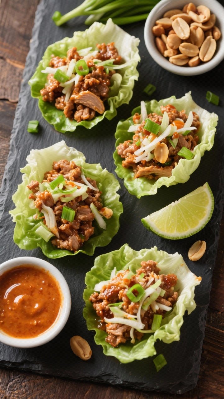Overhead assembly of spicy peanut turkey lettuce wraps: crisp iceberg lettuce cups filled with savory ground turkey sautéed with garlic and ginger, tossed in a glossy spicy peanut sauce, topped with crunchy slaw and sliced green onions; small bowls of chopped peanuts, extra sauce, lime wedges, and thinly sliced scallions arranged neatly; bright, fresh, and punchy presentation on a dark slate board for contrast.