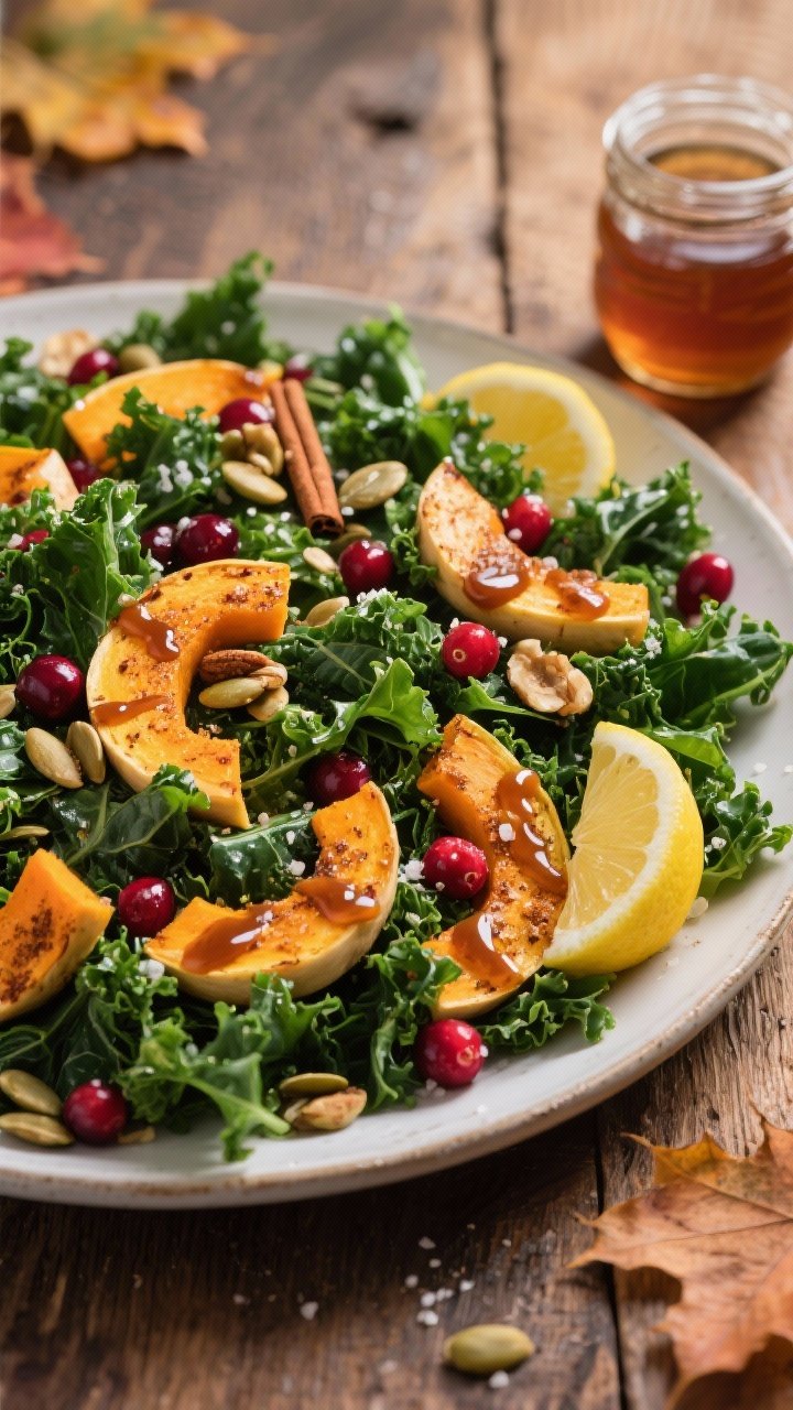 Overhead autumn harvest kale salad on a large platter: chopped kale massaged to a deep emerald, topped with maple-roasted delicata/butternut squash slices dusted with cinnamon and salt, crunchy elements (pepitas or nuts if present), and a ruby cranberry vinaigrette drizzled across. Lemon wedge and maple syrup jar off to the side. Cozy fall tones, rustic wood surface.