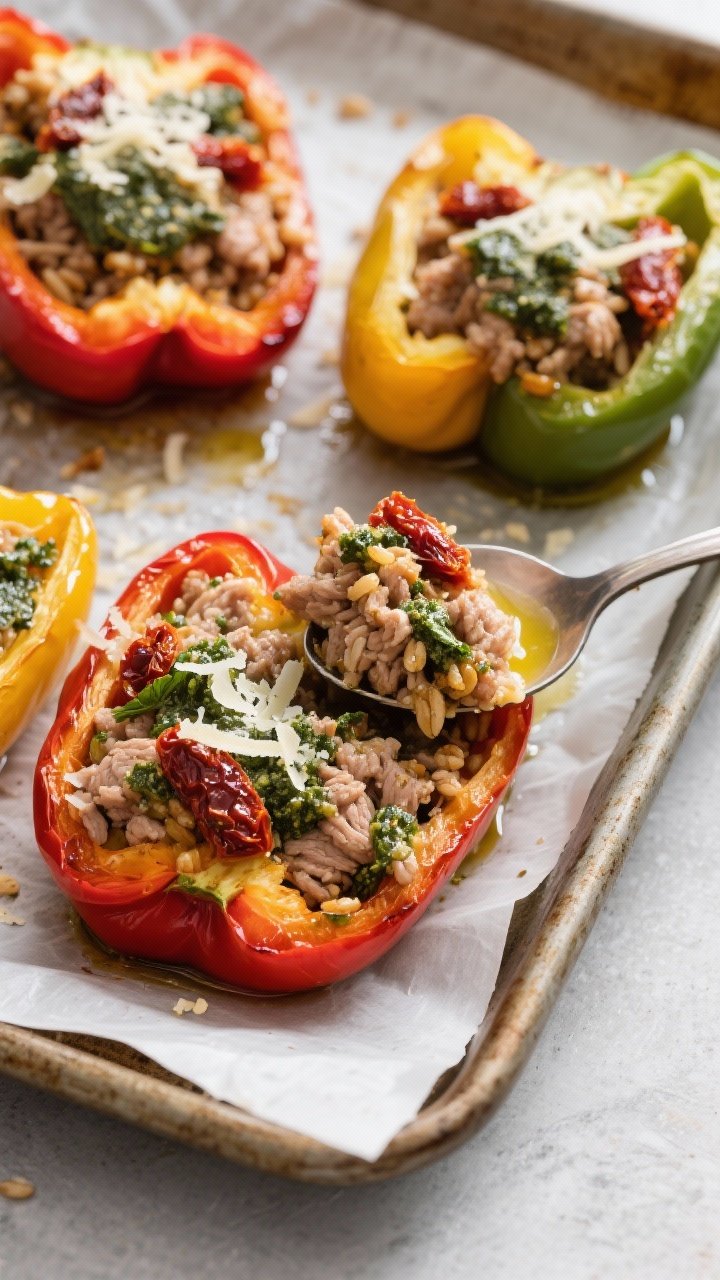 Overhead baking dish scene of Turkey, Pesto, And Sun-Dried Tomato Stuffed Peppers: halved bell peppers roasted until tender, stuffed with a savory mix of lean ground turkey, cooked brown rice or farro, basil pesto, and chopped sun-dried tomatoes; tops lightly blistered, sprinkled with parmesan, vibrant red/yellow/green pepper colors; a spoon revealing the filling’s texture, olive oil sheen, set on a parchment-lined tray.