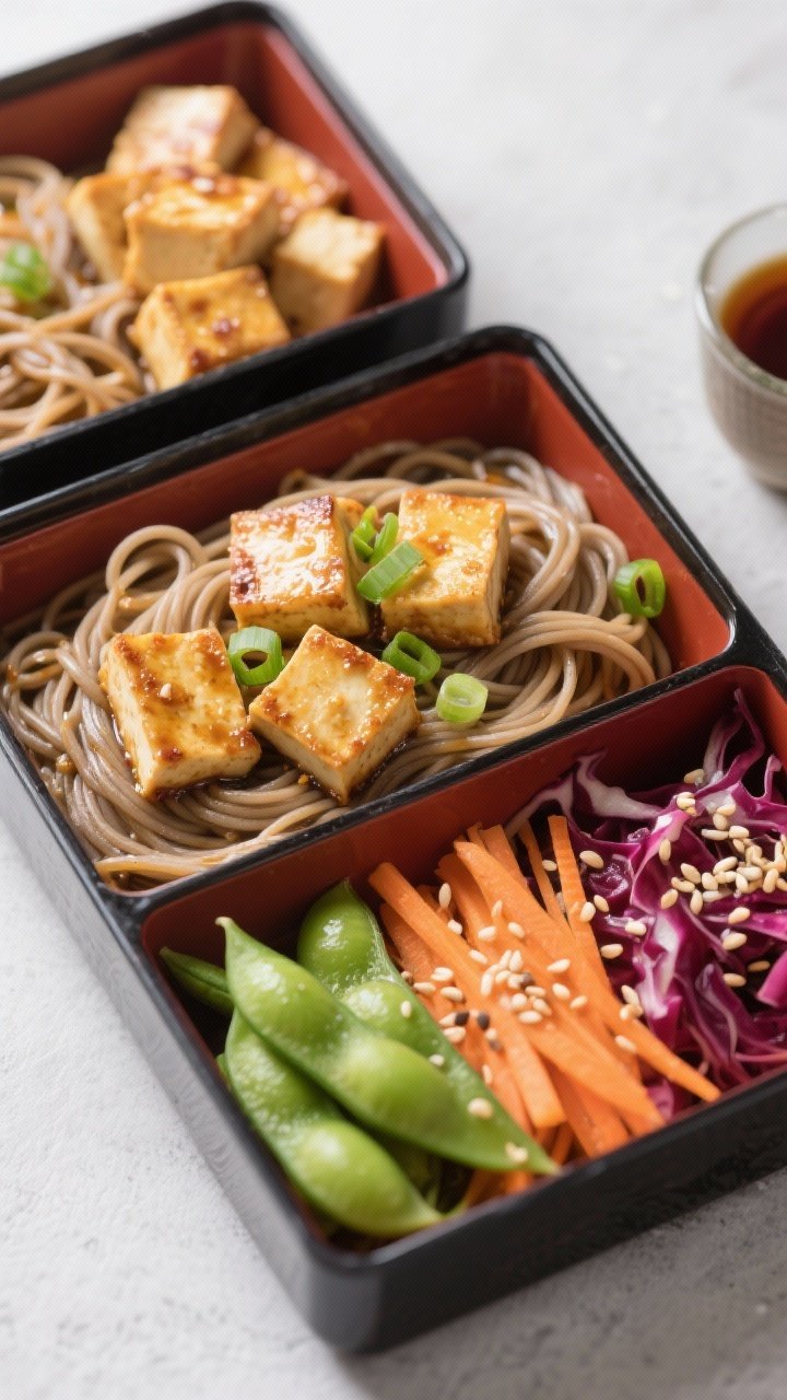 Overhead bento-style Soy-Ginger Tofu Soba Boxes: compartments with cold-rinsed soba noodles lightly glossed in soy-ginger dressing, pressed cubed extra-firm tofu seared golden, bright green shelled edamame, julienned carrot, and shredded red cabbage; scattered sesame seeds and scallions, a small dressing container, cool neutral background, sharp color contrast and tidy lines.