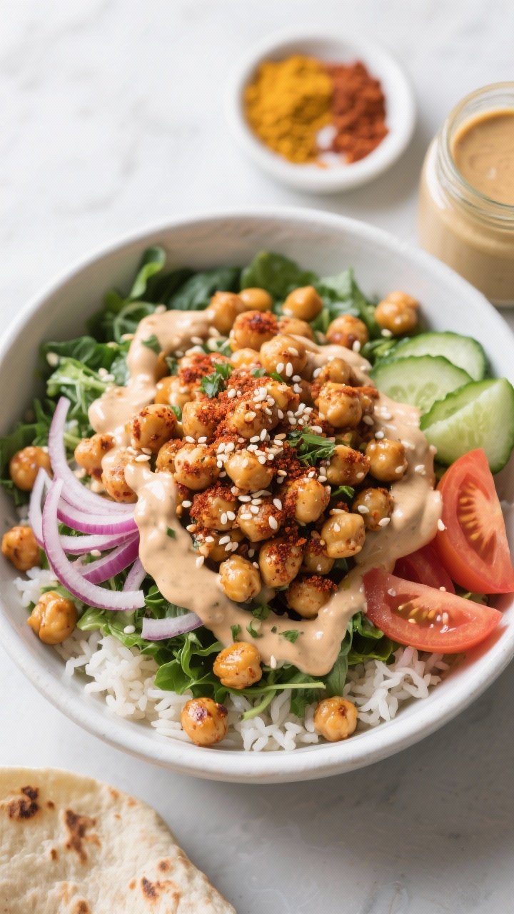 Overhead bowl composition: Chickpea shawarma bowls featuring roasted chickpeas dusted with cumin, smoked paprika, coriander, turmeric, and salt, piled over a base of greens and warm rice, topped with quick pickled onions, cucumber, tomato, and a generous drizzle of tahini garlic sauce. Sesame sprinkled, with a small dish of spice blend and a jar of tahini off to the side. Bright, vibrant, high contrast.