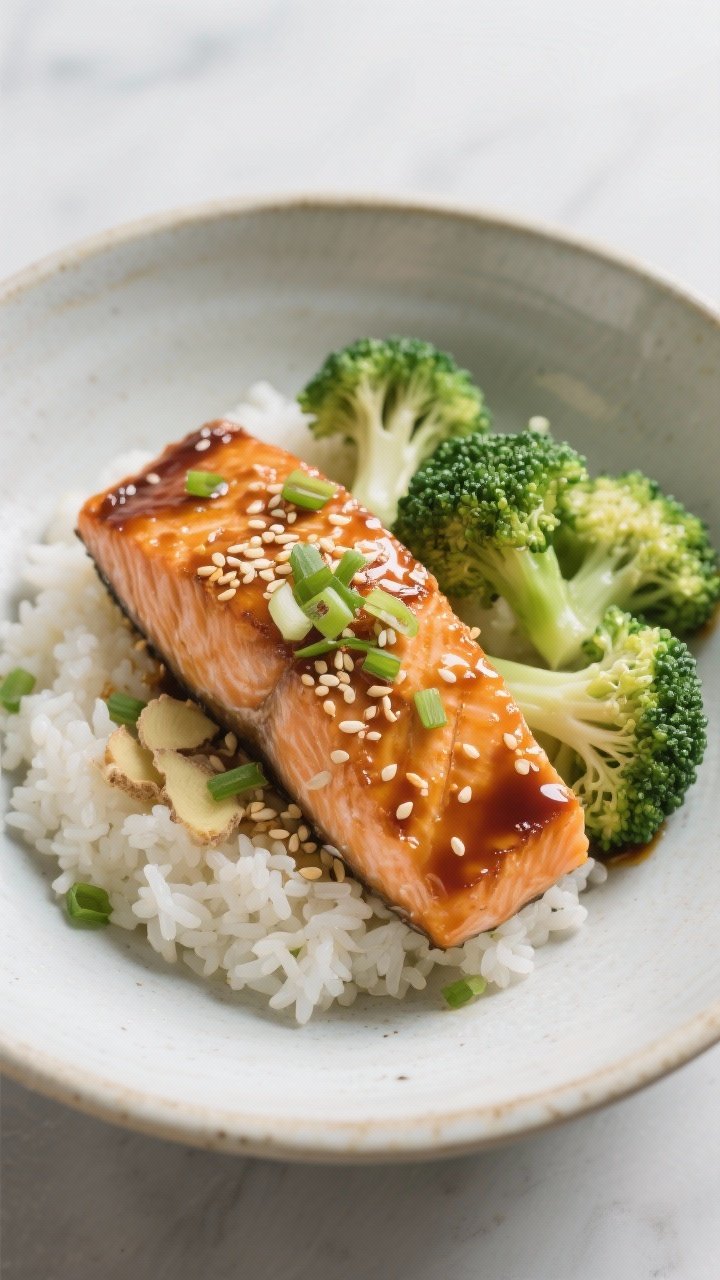 Overhead bowl composition of miso-ginger glazed salmon over jasmine rice, with sesame oil-tossed broccoli florets; lacquered glaze made from white miso, honey, soy sauce, rice vinegar, and fresh grated ginger; sprinkled with toasted sesame seeds and scallions; glossy, caramelized salmon edges under soft daylight on a pale ceramic bowl, minimalist Japanese-inspired styling.