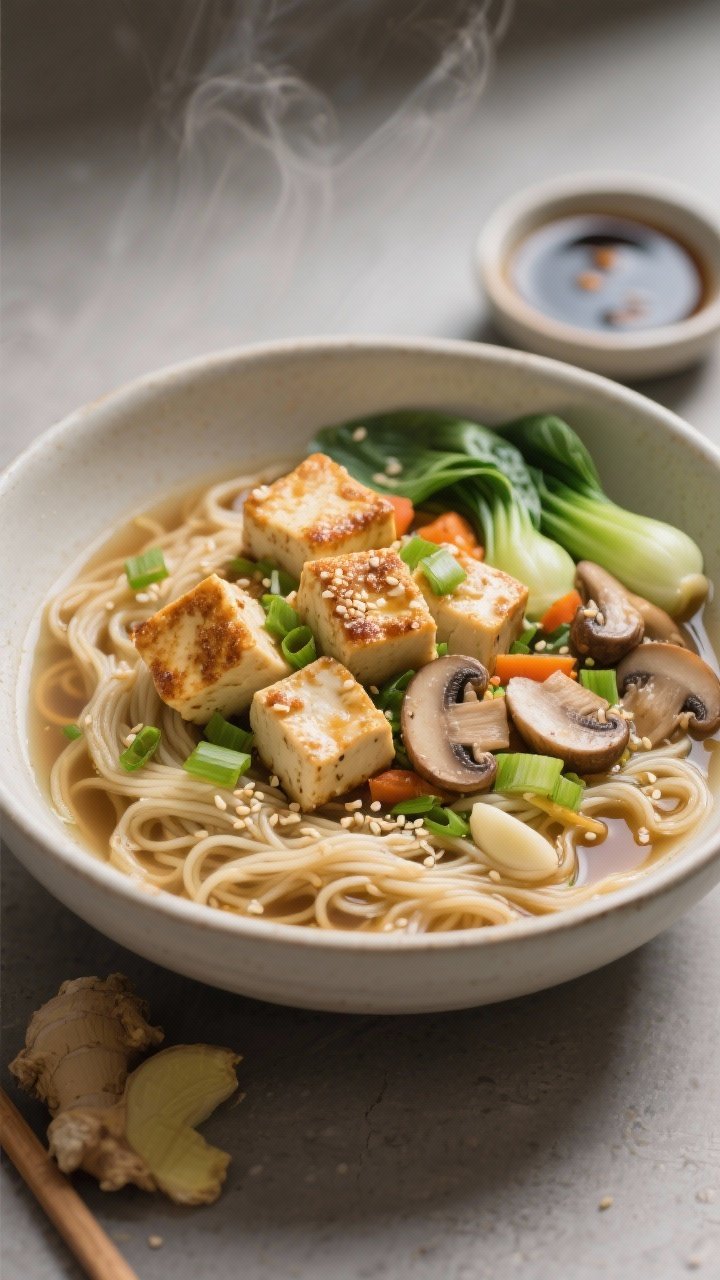 Overhead bowl presentation: Cozy Miso-Ginger Tofu and Veggie Noodle Bowls. Cubes of extra-firm tofu lightly crisped (tossed in tamari and dusted with cornstarch) resting on springy noodles submerged in clear, steaming vegetable broth infused with grated fresh ginger and garlic. Garnished with scallions, mushrooms, baby bok choy or mixed veggies for color; sesame seeds optional. A small dish of low-sodium tamari on the side, warm, soothing, minimal styling.