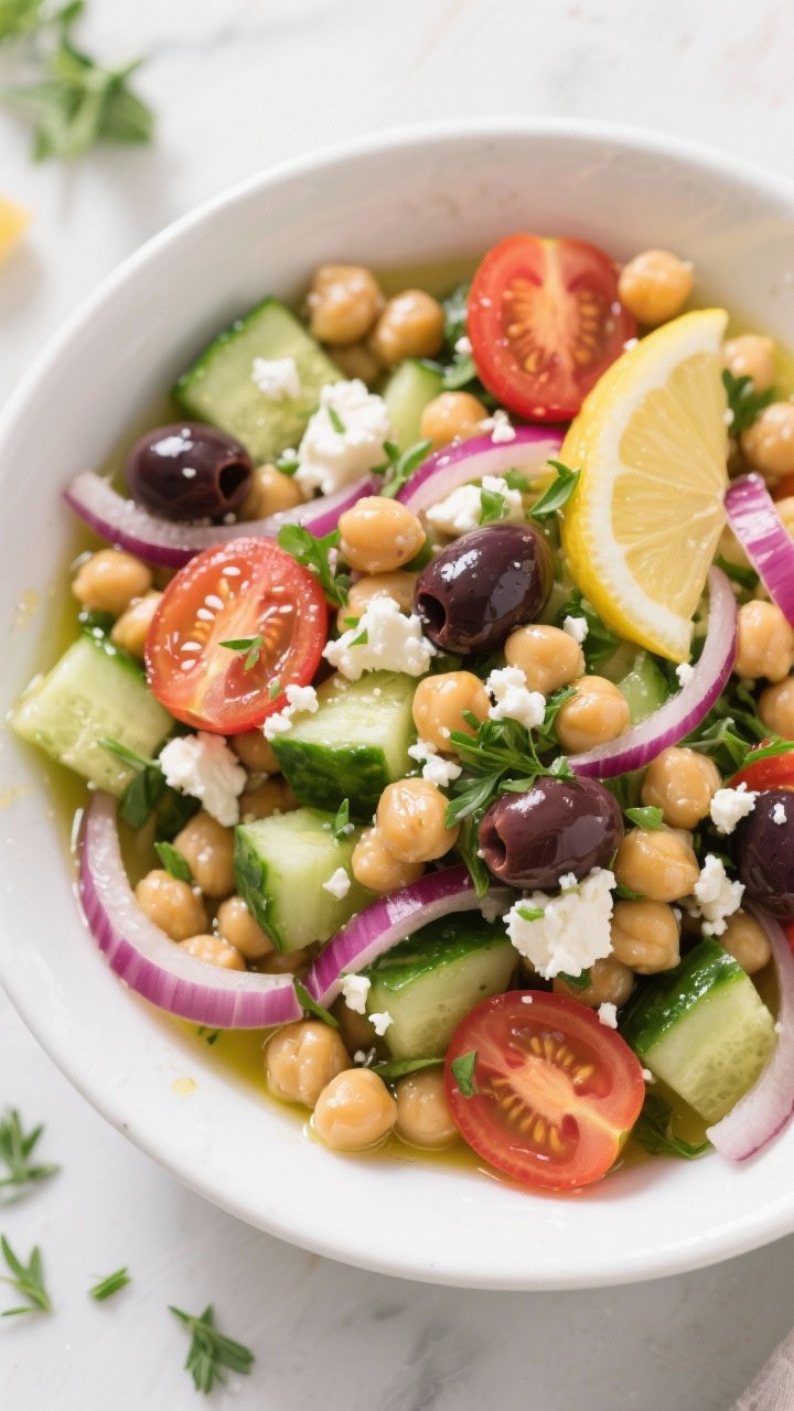 Overhead bowl shot of zesty Greek chickpea salad: chickpeas tossed with chopped cucumber, halved cherry tomatoes, thinly sliced red onion, sliced Kalamata olives, reduced-fat feta crumbles, and fresh herbs; a light lemon-olive oil dressing glistening; served in a wide white ceramic bowl with extra herbs scattered around; bright Mediterranean color palette, crisp textures clearly defined.
