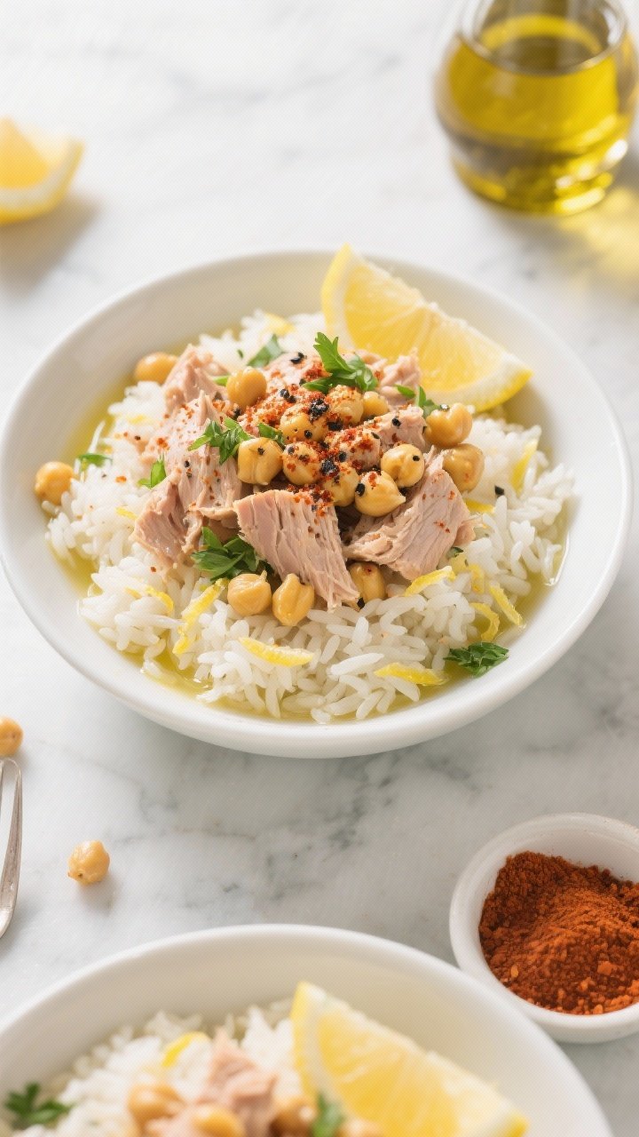 Overhead bowl shot: Smoky chickpea tuna bowls with lemon-herb rice. Fluffy long-grain rice cooked in broth, tossed with lemon zest and juice and a sheen of olive oil; topped with drained tuna flakes and golden chickpeas dusted with smoked paprika and black pepper. Garnish with chopped parsley and lemon wedges. Served in matte white bowls on a light marble surface, a small dish of smoked paprika and a glistening olive oil bottle in frame. Bright, zesty mood, crisp focus, natural daylight.