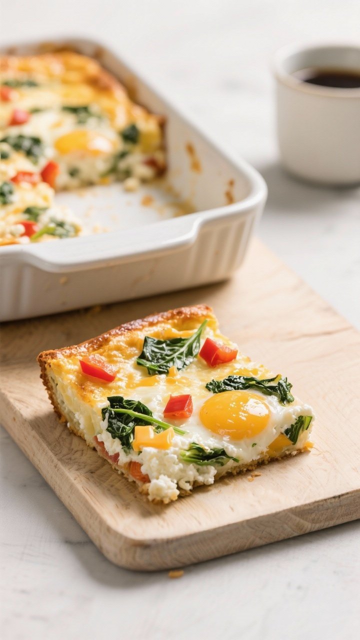 Overhead breakfast bake slice on a board: Cottage Cheese Egg White Breakfast Bake with Veggies, showcasing a golden top and tender interior dotted with chopped baby spinach, red bell pepper dice, and melty part-skim mozzarella/cheddar. A whole casserole in the background with a missing square, visible curd-like creaminess from cottage cheese. Minimalist morning vibe, pale ceramic dish, coffee cup out of frame.