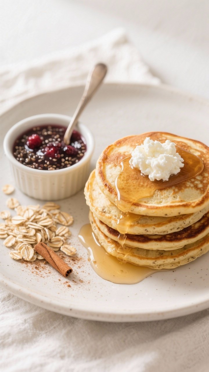 Overhead breakfast spread of cottage cheese protein pancakes: golden, fluffy pancakes with oat texture visible, stacked and lightly browned. Drizzle of honey or maple syrup pooling, dusting of ground cinnamon, hint of vanilla. On the side, a glossy berry chia sauce in a small ramekin, spoon trail showing its thickened texture. Ingredients subtly present: cottage cheese dollop, rolled oats, baking powder pinch. Clean ceramic plate on light linen, bright morning vibe.