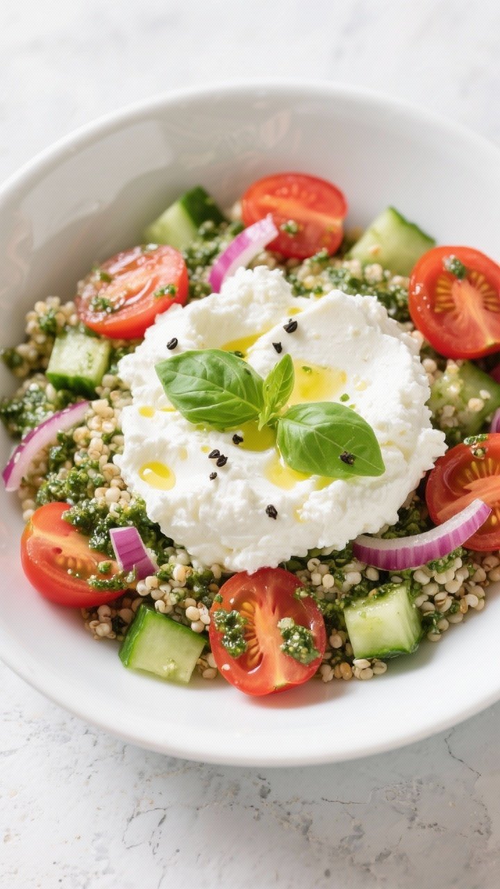 Overhead bright bowl of Cottage Cheese Caprese with Pesto Quinoa: cooled quinoa tossed with basil pesto at the base, mounds of 4% cottage cheese, halved cherry tomatoes, diced English cucumber, thin red onion, fresh basil leaves; olive oil droplets and black pepper on top, white ceramic bowl on pale stone, clean summer palette of greens, whites, and reds, crisp textures.
