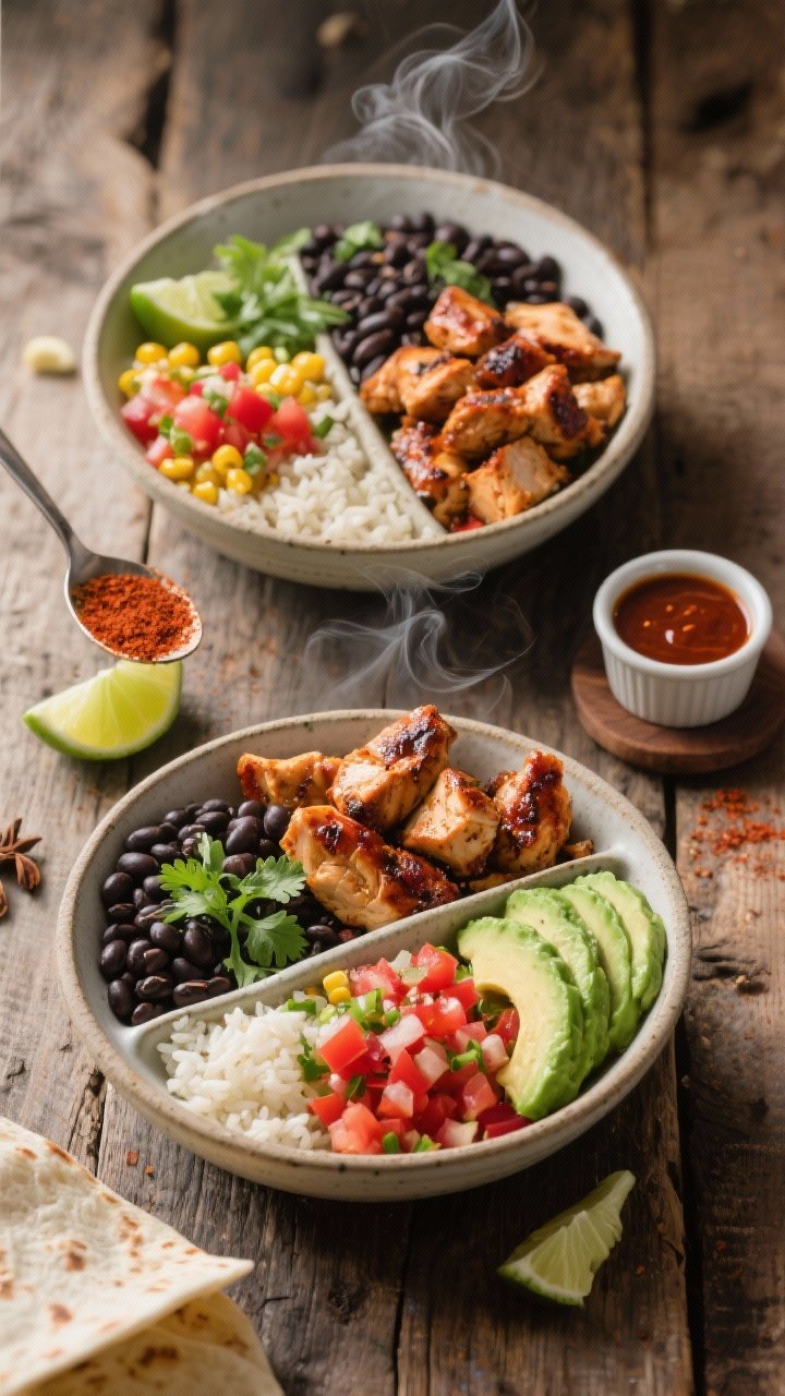 Overhead burrito bowl assembly: smoky chipotle black bean and chicken bowls with bite-size chicken pieces sautéed in olive oil, chili powder, smoked paprika, cumin, and garlic powder; spoonfuls of black beans, cilantro-lime rice, corn, pico de gallo, and avocado slices arranged in tidy quadrants; lime wedges and a small ramekin of chipotle sauce on a rustic wooden table; steam visible from the chicken, vibrant reds and greens popping against neutral ceramics.