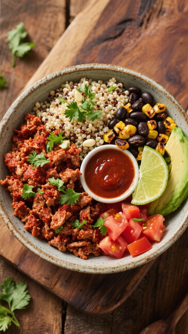 Overhead burrito bowl composition for Chipotle Turkey Burrito Bowls With Cilantro-Lime Quinoa: spiced ground turkey tinted deep red from chipotle in adobo, chili powder, cumin, smoked paprika, and garlic, arranged beside fluffy cilantro-lime quinoa, black beans, charred corn, diced tomato, avocado slices, and lime wedges; micro-cilantro sprinkled on top, adobo sauce in a tiny dish; rustic ceramic bowl on a wooden table, bold contrast and color pop.
