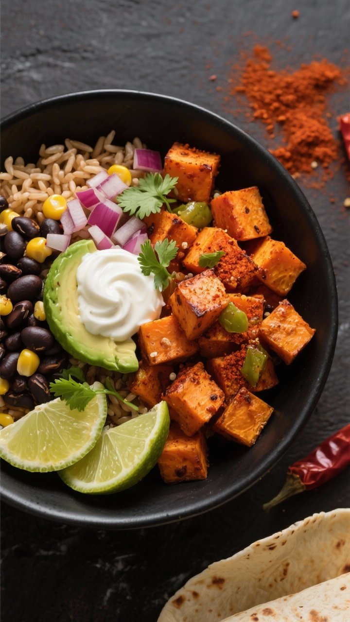 Overhead burrito bowl composition: roasted sweet potato cubes tossed with olive oil, smoked paprika, chili powder, salt and pepper; served over a bed of cooked brown rice, with chipotle-seasoned black beans, corn, diced red onion, cilantro, and lime wedges; a swirl of Greek yogurt or avocado slices for creaminess; bold warm tones against a matte black bowl, scattered paprika and chili powder nearby.