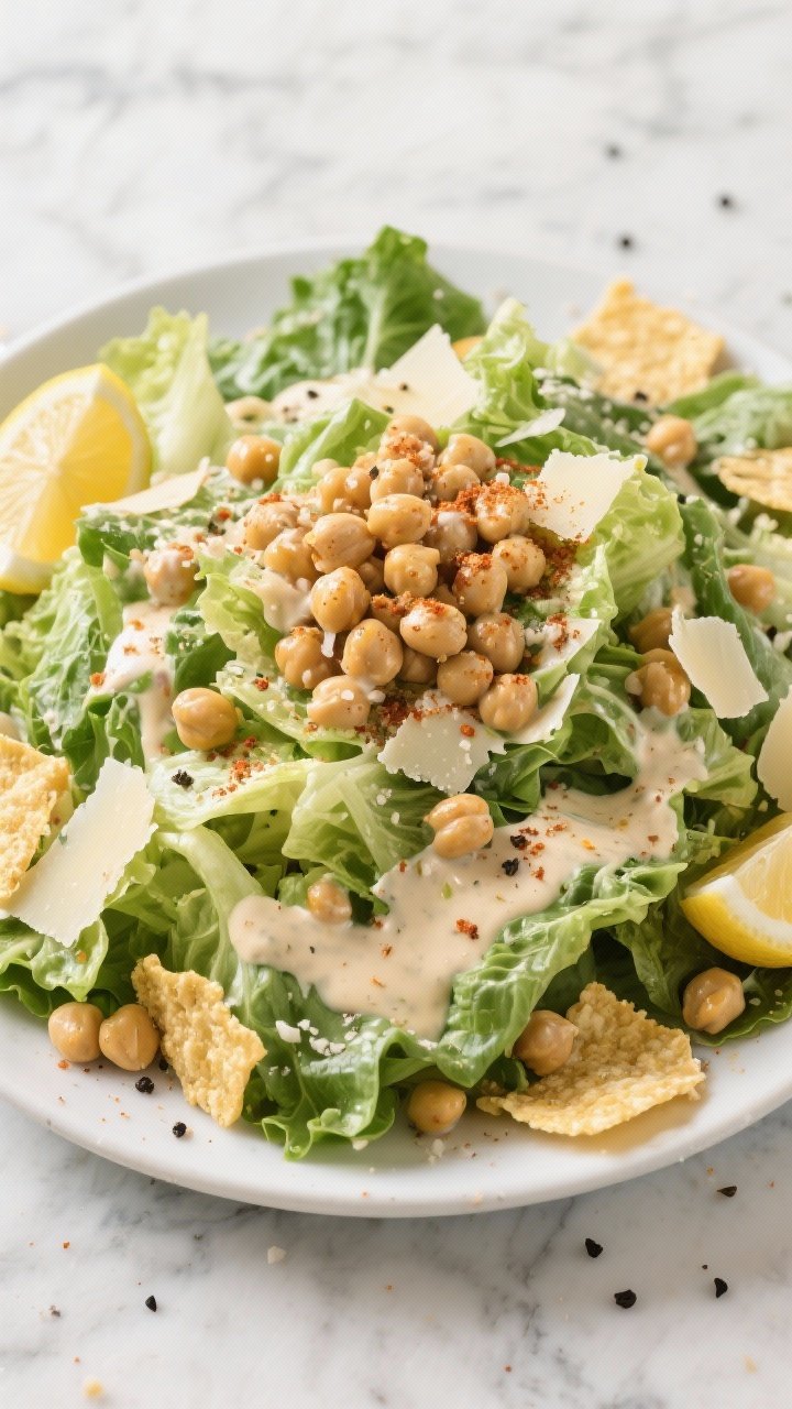 Overhead Caesar salad composition: king-size bed of crisp romaine tossed with a creamy Caesar dressing, piled high with roasted chickpeas seasoned with olive oil, garlic powder, smoked paprika, salt, and black pepper. Visible shaved parmesan and golden parmesan crisps scattered throughout for crunch. Finished with lemon wedges and extra cracked black pepper on a cool marble surface; clean, crunchy, and bright with a high-end bistro feel.
