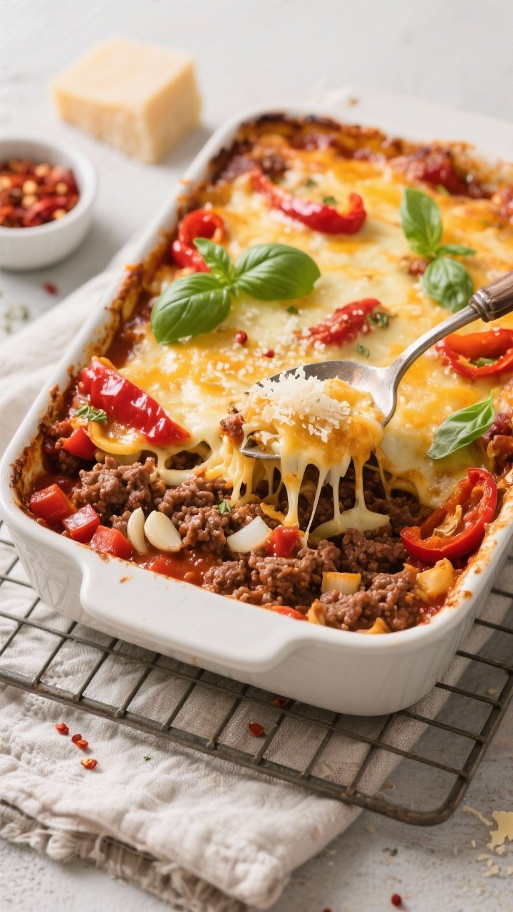 Overhead casserole reveal: cheesy Italian beef bake without noodles. 93% lean ground beef sautéed with diced onion and garlic, layered in a baking dish with sugar-free marinara, dried Italian seasoning, and a hint of red pepper flakes, crowned with a bubbling, golden cheese blend. Roasted red peppers peek through the sauce; scattered fresh basil leaves on top. Placed on a cooling rack over a linen, with a serving spoon showing a cheesy pull, grated Parmesan and a small bowl of chili flakes nearby, warm, cozy comfort-food mood.
