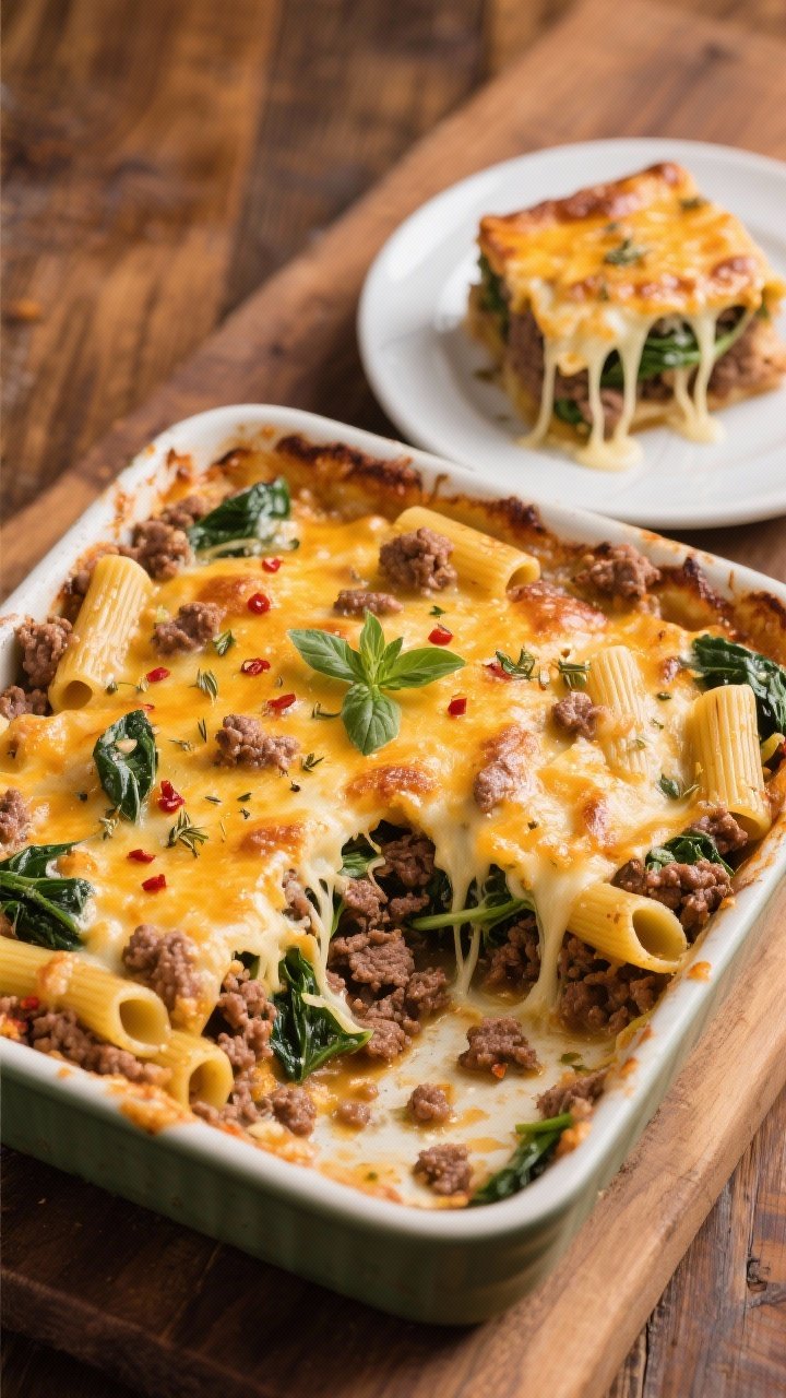 Overhead casserole reveal of baked beef and spinach ziti: golden, bubbling top with browned cheese, visible ridges of ziti and crumbles of lean ground beef, flecks of spinach throughout; speckled with dried basil, oregano, and a hint of red pepper flakes; one square cut out and plated beside the dish, strings of cheese stretching, on a warm wooden table.