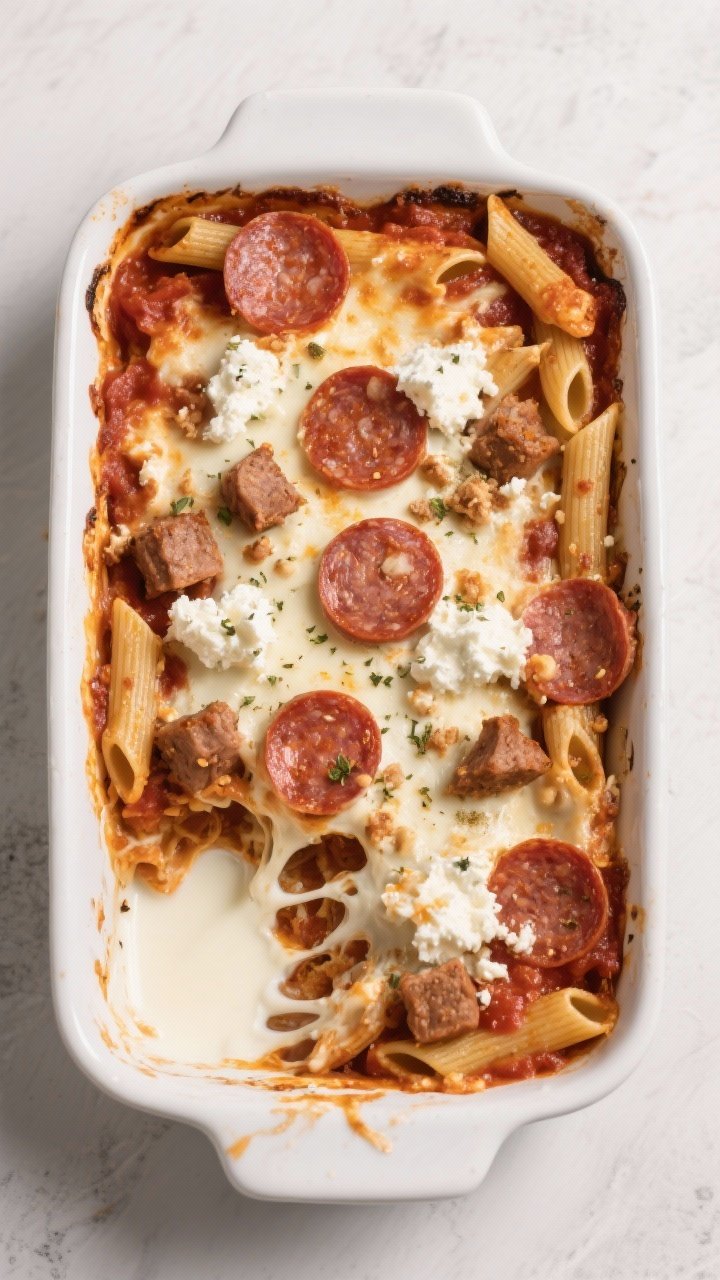 Overhead casserole reveal of pizza pasta bake with cottage cheese cream sauce: whole wheat penne smothered in marinara, browned lean Italian turkey sausage coins and crumbles, dollops of blended low-fat cottage cheese and milk forming a creamy layer, speckled with Italian seasoning; melted cheese pull at one corner, a few pepperoni-style sausage slices on top for “pizza” vibes, baked edges caramelized, served in a white ceramic baking dish.