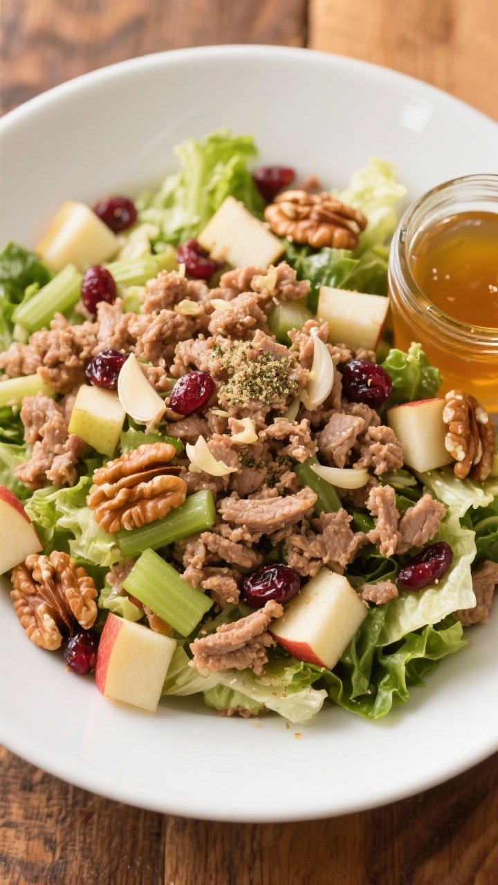 Overhead chopped salad spread: Garlicky Turkey, Apple, and Walnut Chopped Salad—crumbled browned ground turkey seasoned with garlic powder, onion powder, salt, and black pepper cooled over a bed of chopped romaine; crisp honeycrisp/granny smith apple cubes, toasted walnut pieces, thinly sliced celery, and dried cranberries; a light apple-cider vinaigrette in a small jar; crunchy textures, autumnal yet fresh palette, clean white bowl on warm wood.