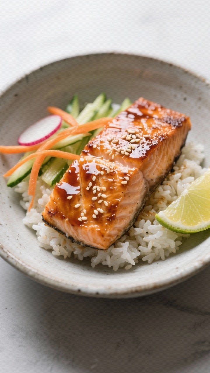 Overhead composed bowl of Miso-Ginger Salmon with Crunchy Veg: seared skinless salmon fillet lacquered with a glaze of white miso paste, low-sodium soy, rice vinegar, honey, grated fresh ginger, and a touch of sesame; flaked over a base of steamed rice with crunchy veggies (thin-sliced cucumber, radish, carrot ribbons). Finished with sesame seeds and lime wedge. Minimal, modern styling on matte stoneware, clean Japanese-inspired aesthetic, glossy glaze highlights.