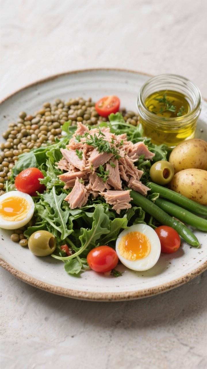 Overhead composed Herby Lentil-Tuna Niçoise salad: mixed greens (arugula/baby kale) piled high with tuna packed in olive oil flaked over top, mounded alongside firm French lentils; cherry tomatoes, blanched green beans, boiled baby potatoes (halved), jammy eggs (halved), briny olives; a small jar of olive vinaigrette with herbs visible; rustic ceramic platter, French bistro mood, crisp color separation.