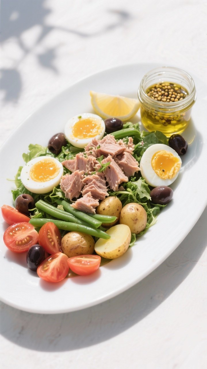 Overhead composed High-Protein Tuna Niçoise salad: olive oil-packed tuna chunks, jammy halved eggs, tender baby potatoes, crisp green beans, mixed greens, halved cherry tomatoes, and Kalamata olives arranged in classic sections; a small jar of lemon-mustard vinaigrette with visible mustard seeds ready to drizzle; sea-sprayed Mediterranean vibe, bright yet elegant styling on a wide white platter, minimal shadows.