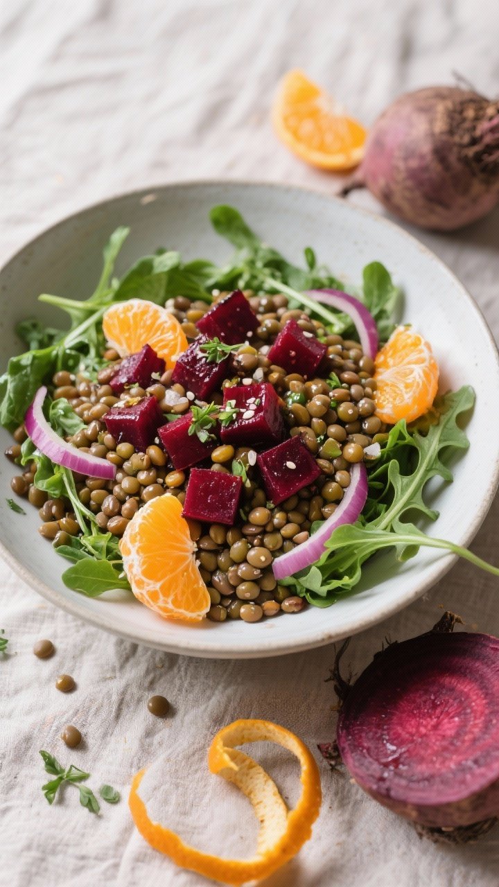 Overhead composed lentil bowls with roasted beets and citrus: bed of mixed greens (arugula/baby spinach), mound of tender French green/brown lentils, jewel-toned roasted beet cubes (olive oil, salt), segments of vibrant oranges, thin red onion slices, and a light vinaigrette glisten. Earthy-meets-bright palette, seeds or chopped herbs sprinkled. Set on a linen with a peeled beet and orange zest curls in frame.