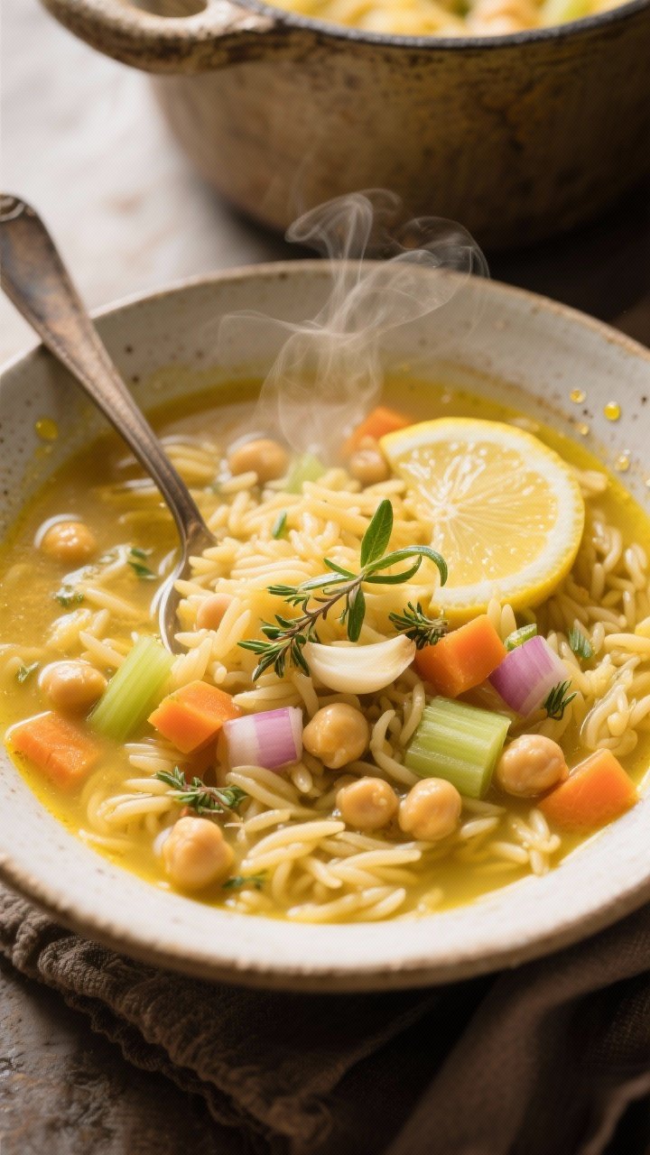 Overhead cozy bowl of one-pot lemon garlic chickpea orzo soup: golden broth with turmeric hue, tender orzo, chickpeas, diced onion, carrots, celery, dried oregano, and minced garlic; thin lemon slices and zest curls floating; served in a wide ceramic bowl with a soup spoon; steam wafting, olive oil droplets shimmering; rustic pot in the background to emphasize the one-pot comfort.
