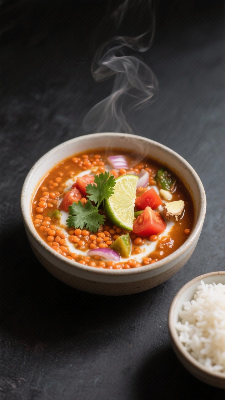 Overhead cozy stew bowl: slow cooker coconut curry red lentils ladled into a deep bowl—creamy orange-red hue from coconut milk, vegetable broth, diced tomatoes, and aromatics (onion, garlic, ginger); garnished with fresh cilantro and a lime wedge; a small bowl of cooked rice off to the side; subtle steam, matte dark backdrop for contrast, comforting, homestyle presentation.