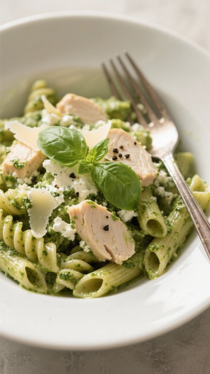 Overhead creamy pasta bowl: short pasta (penne or rotini) coated in vivid green cottage cheese basil pesto, tossed with juicy chunks of cooked chicken breast; parmesan shavings and cracked black pepper on top, a few basil leaves for freshness; twirled fork resting on the bowl rim; soft, diffuse light emphasizing the creamy pesto gloss and ridges of the pasta.