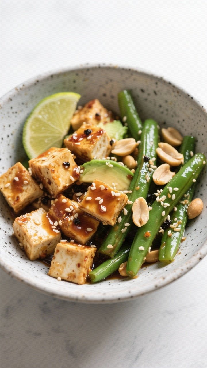 Overhead crunchy contrast shot of spicy peanut tofu bowls with sesame green beans: extra-firm tofu cubes coated in cornstarch and crisped in avocado/olive oil, draped in a glossy spicy peanut sauce; bright green beans sautéed with sesame oil, kosher salt, and black pepper, sprinkled with toasted sesame seeds; served in a modern speckled bowl with lime wedge and chopped peanuts; clean, high-key lighting, crisp textures emphasized, no people.