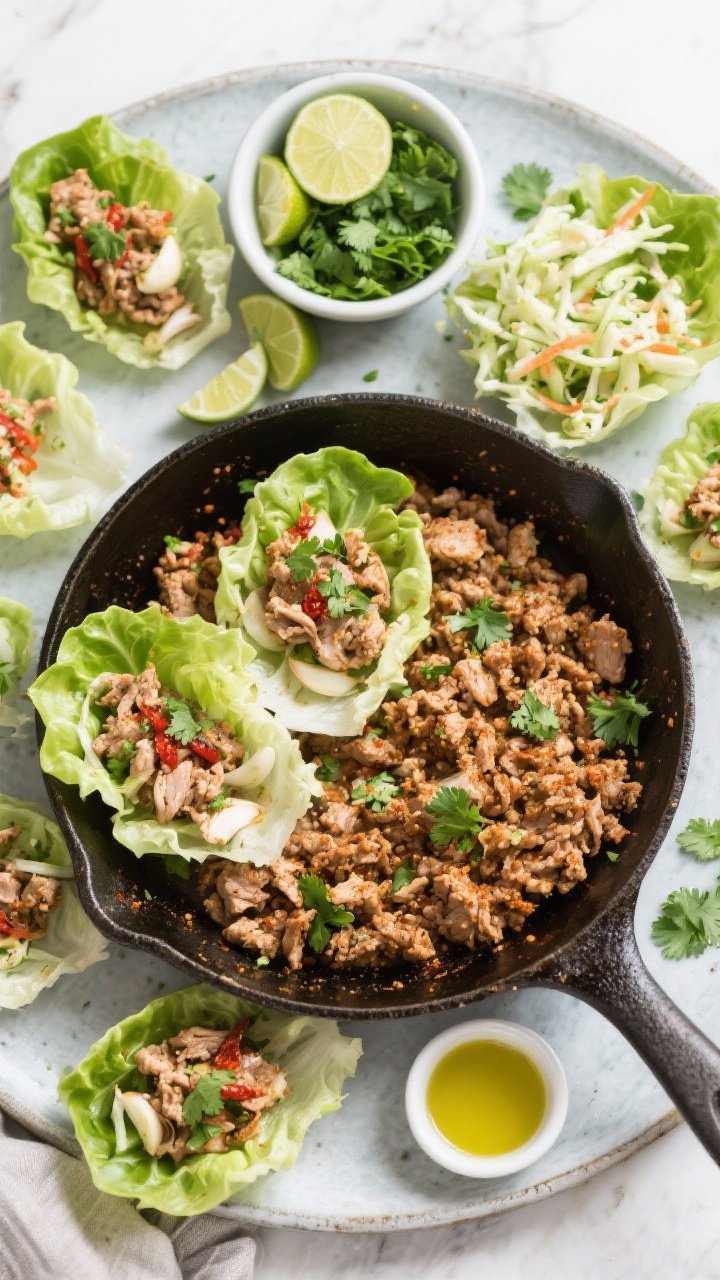 Overhead DIY spread for cilantro-lime turkey lettuce wraps: skillet of crumbled lean ground turkey seasoned with cumin, chili powder, smoked paprika, garlic, onion, kosher salt, and cilantro-lime zest and juice; crisp butter lettuce cups, crunchy slaw in a small bowl, lime wedges, and extra chopped cilantro; olive oil in a tiny dish; arranged on a large platter for assembling.